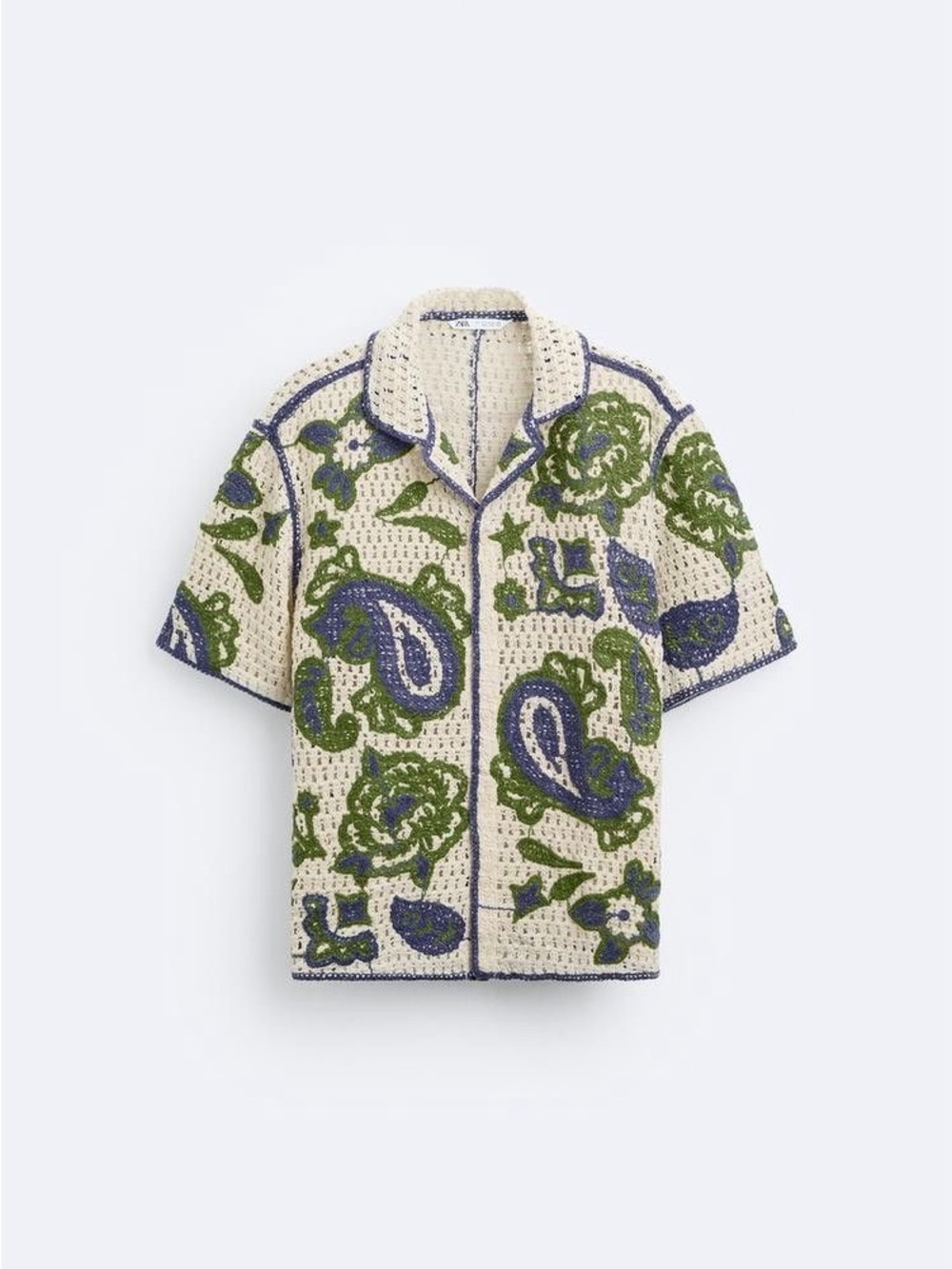 Men's Short-Sleeve Crochet Shirt in Cream with Blue & Green Paisley